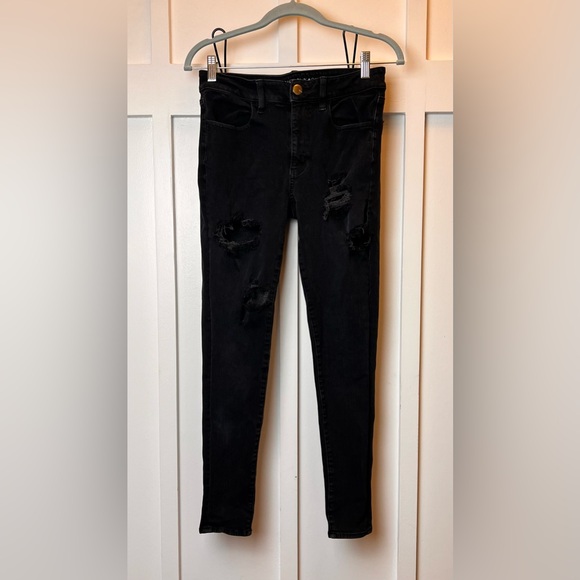 American Eagle Womens High Rise Jeggings Sz 6 Super Stretch 360 Jeans Black Rips - Picture 1 of 11